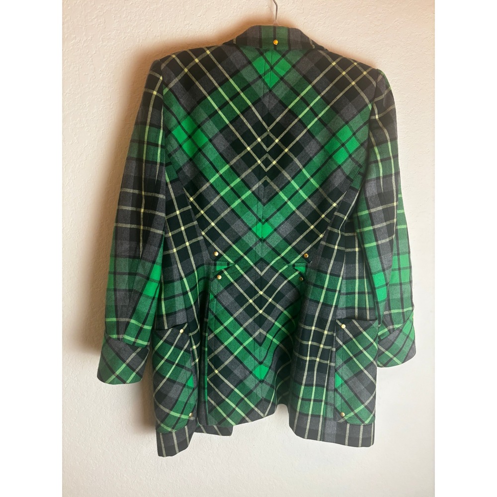 Escada Margaretha Ley Vintage Green Plaid Wool Blazer Studded Longline Jacket 40 - Picture 8 of 10